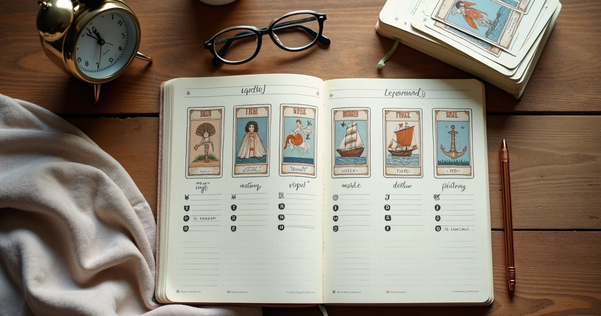 Mesa de madeira com cartas Lenormand organizadas em plano semanal com caderno e caneta