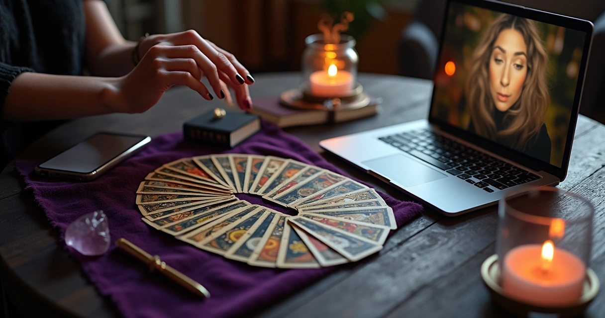 Mesa com cartas de tarot e notebook aberto em consulta online noturna