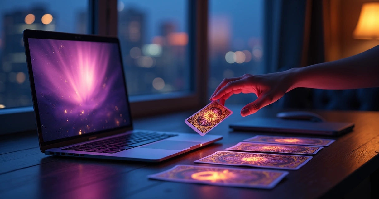 Mesa com cartas de tarot coloridas ao lado de notebook com símbolos digitais brilhando na tela