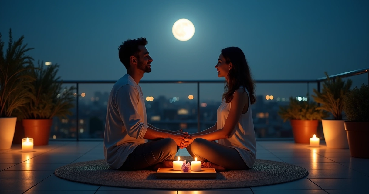 Casal sentado de frente um para o outro meditando sob a luz da lua cheia