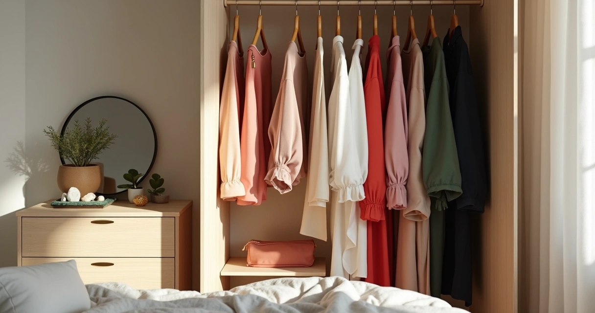 Guarda-roupa organizado com roupas coloridas por seção e acessórios energéticos sobre cômoda