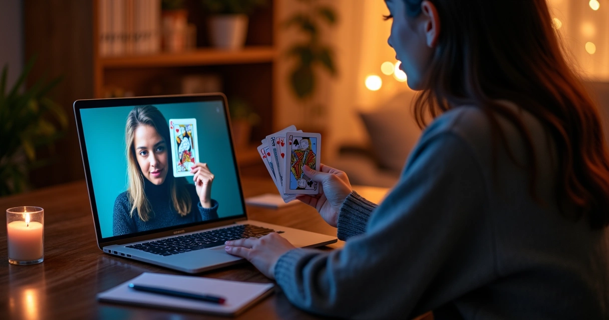 Mulher em mesa escura observando ao mesmo tempo cartas de tarot e baralho comum na tela do notebook