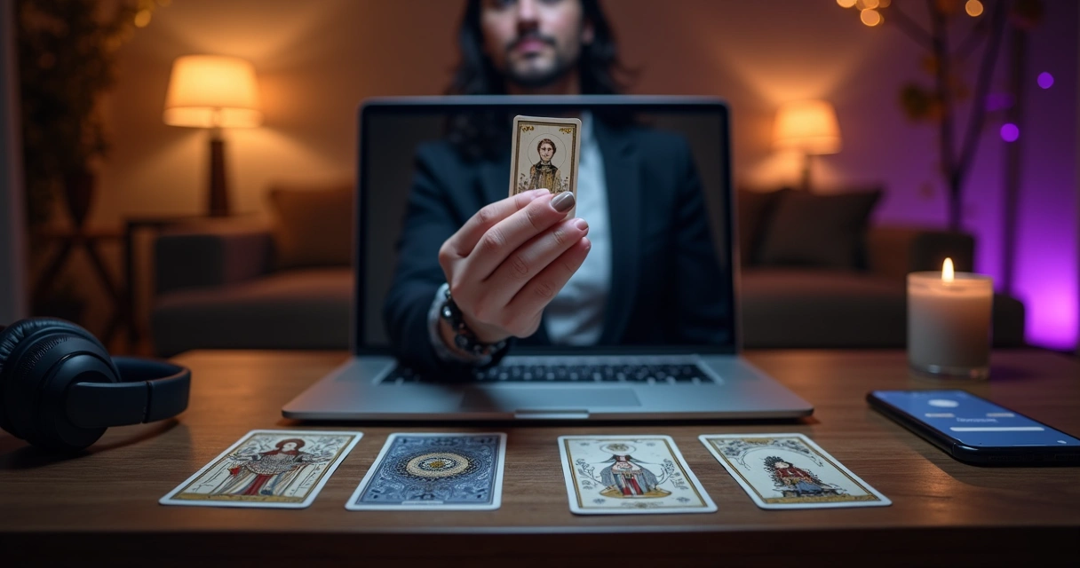 Mesa escura com notebook exibindo consulta de tarot online e baralho cigano ao lado