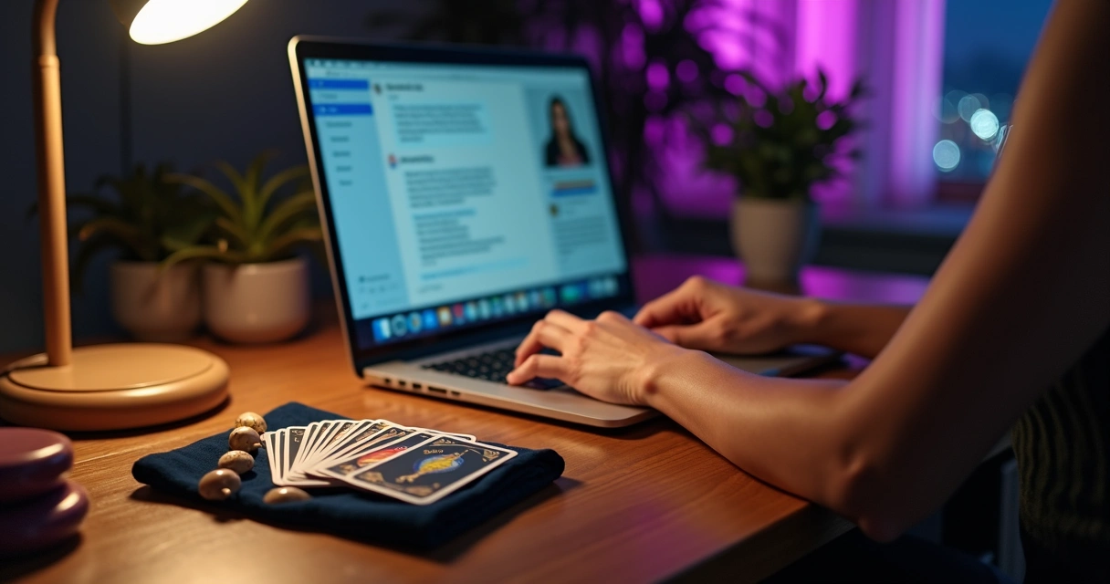 Notebook com consulta de tarot online por chat e cartas sobre a mesa