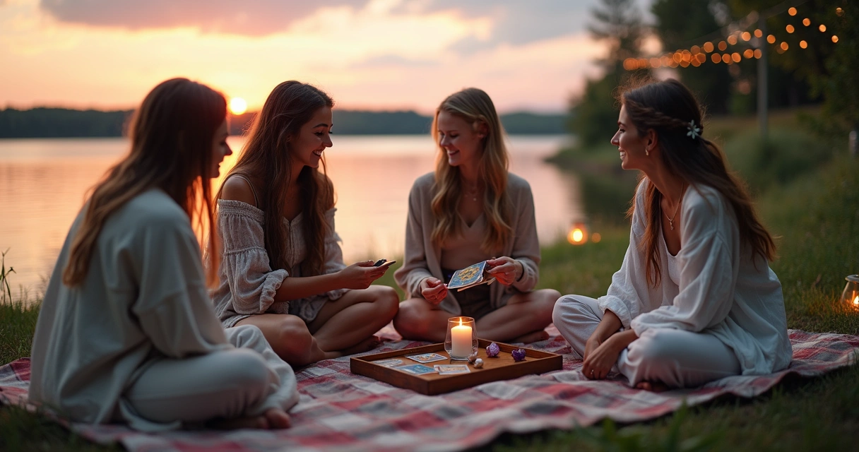 Grupo de amigas sentadas em roda usando oráculos ao pôr do sol