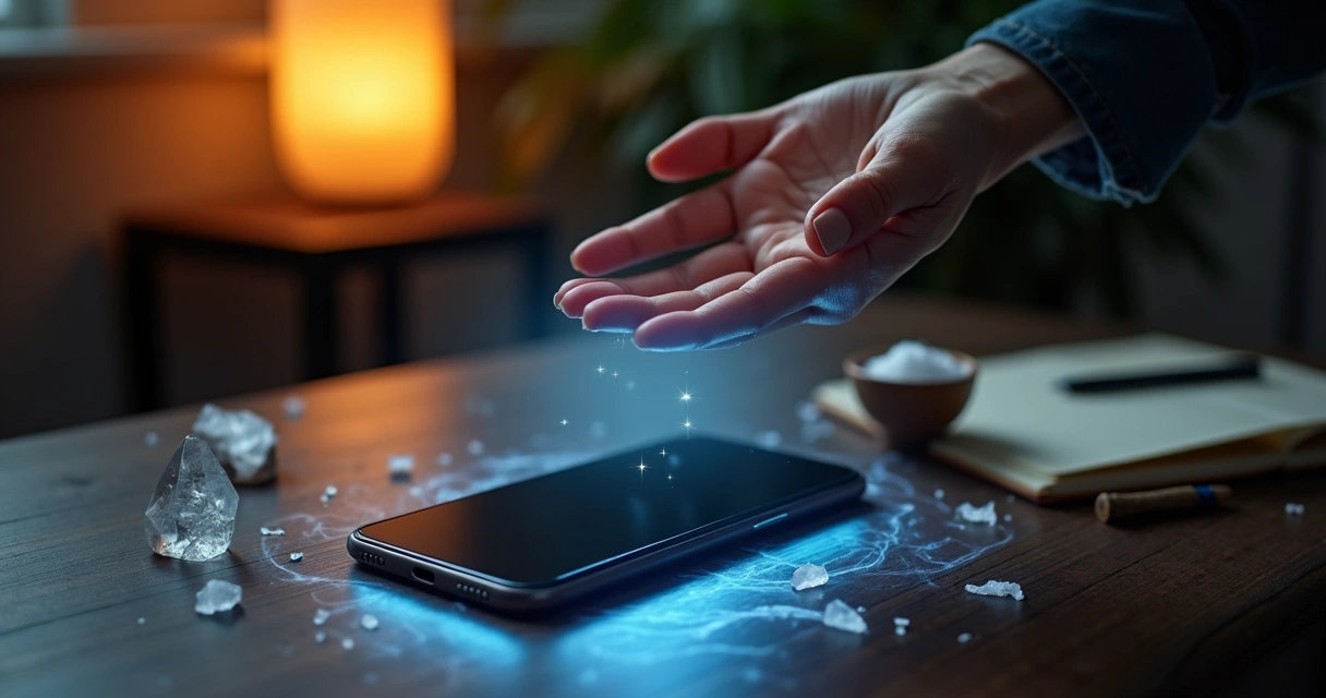 Mão sobre celular emitindo brilho energético em mesa escura