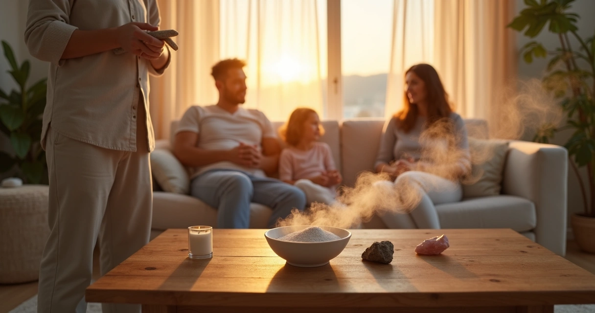 Familia em sala de estar iluminada fazendo limpeza energética com fumaça suave e cristais