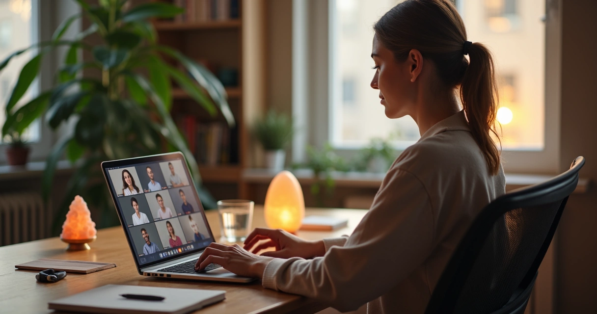 Pessoa fazendo mudra discretamente em frente ao computador durante reunião online