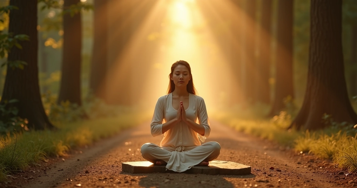 Mulher meditando ao amanhecer em trilha iluminada por luz dourada