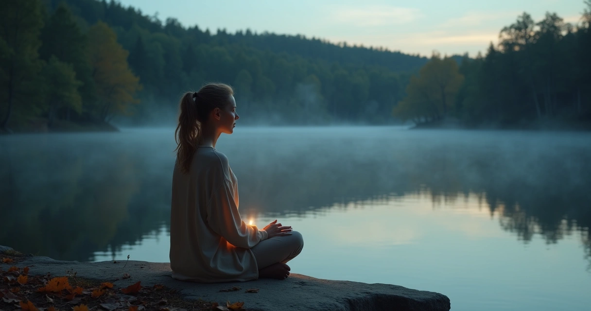 Mulher sentada em silêncio meditando ao ar livre ao pôr do sol