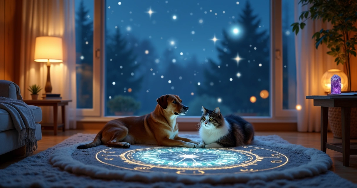 Cachorro e gato deitados em tapete com mapa astral projetado no chão