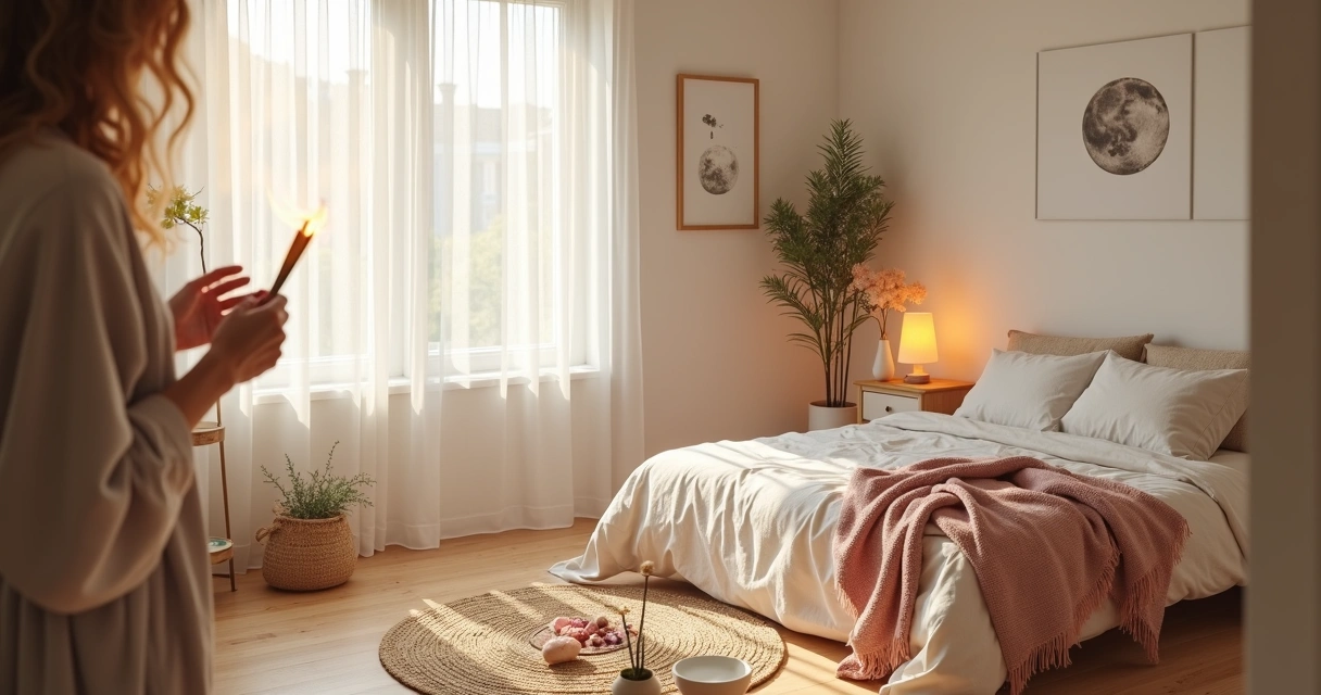 Quarto de solteira claro com luz natural e elementos de limpeza energética