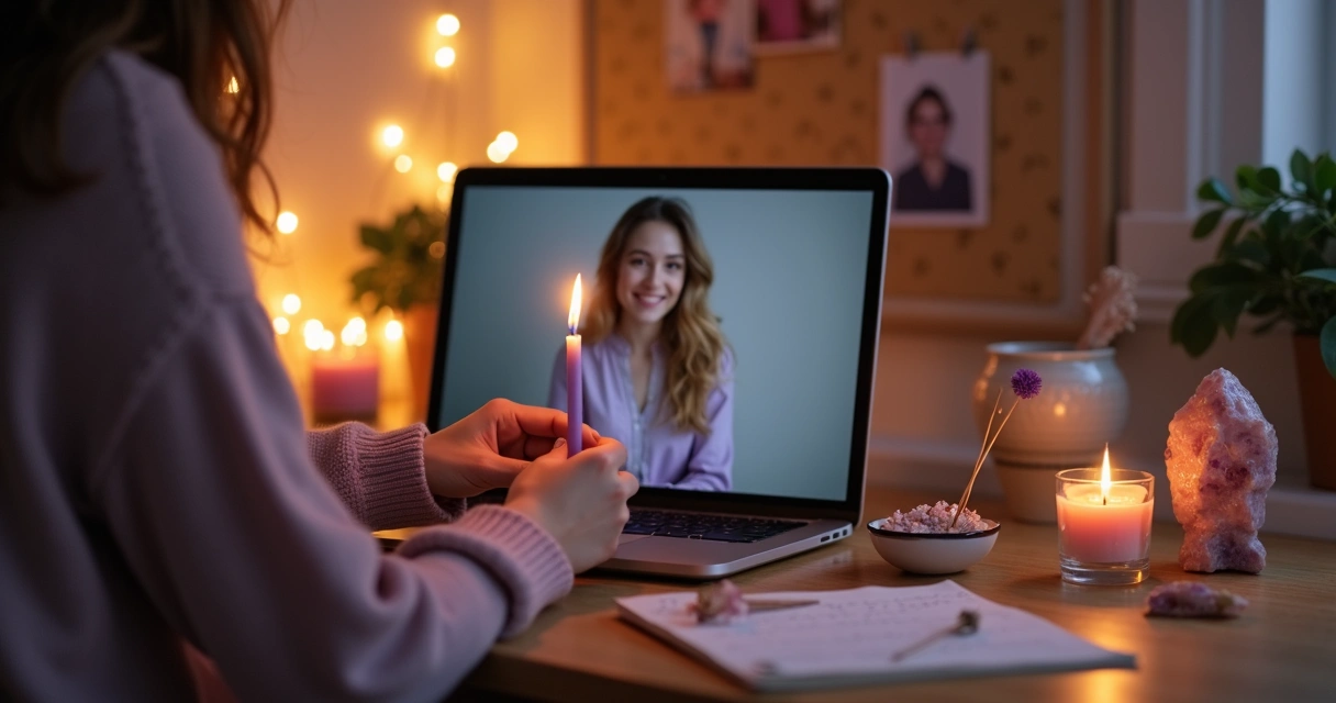 Duas mulheres em videoconferência acendendo velas para ritual de amizade à distância