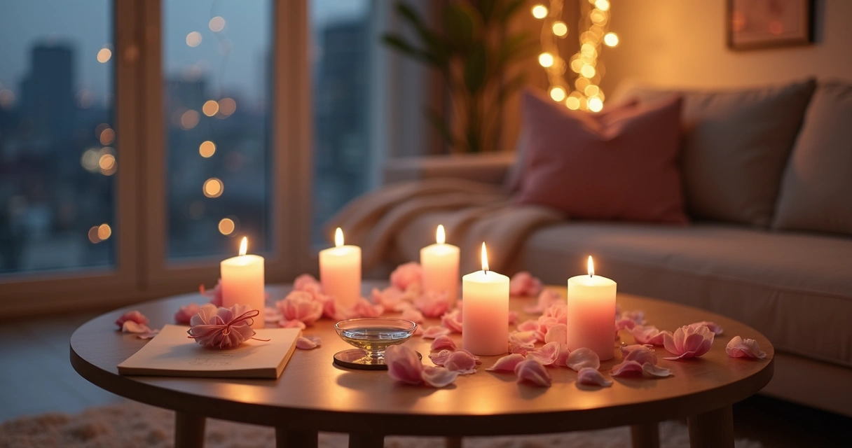 Altar romântico com velas rosa em formato de coração e pétalas claras