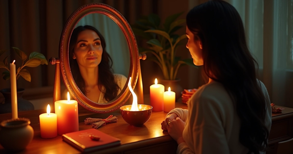 Mulher em ritual com velas e fogo em espelho criando aura de confiança