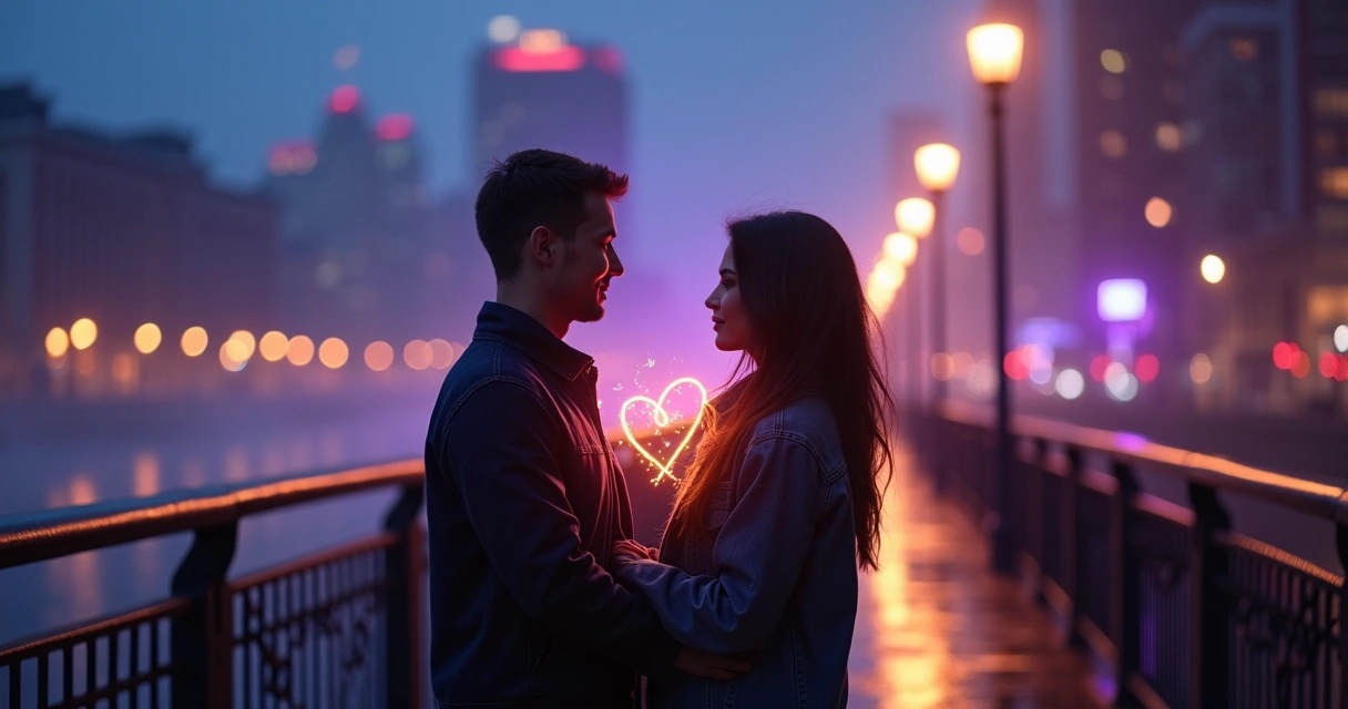 Casal de costas em ponte de cidade com corações de luz conectando seus peitos