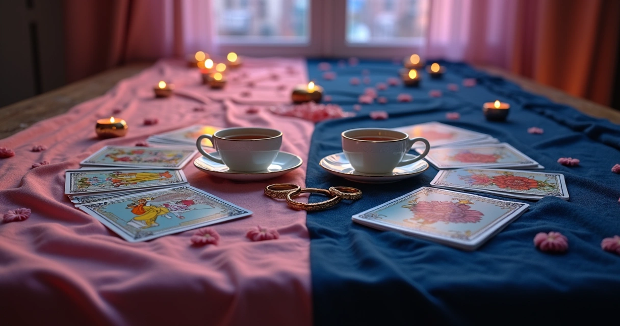 Mesa dividida mostrando cartas de tarot e baralho cigano em clima romântico
