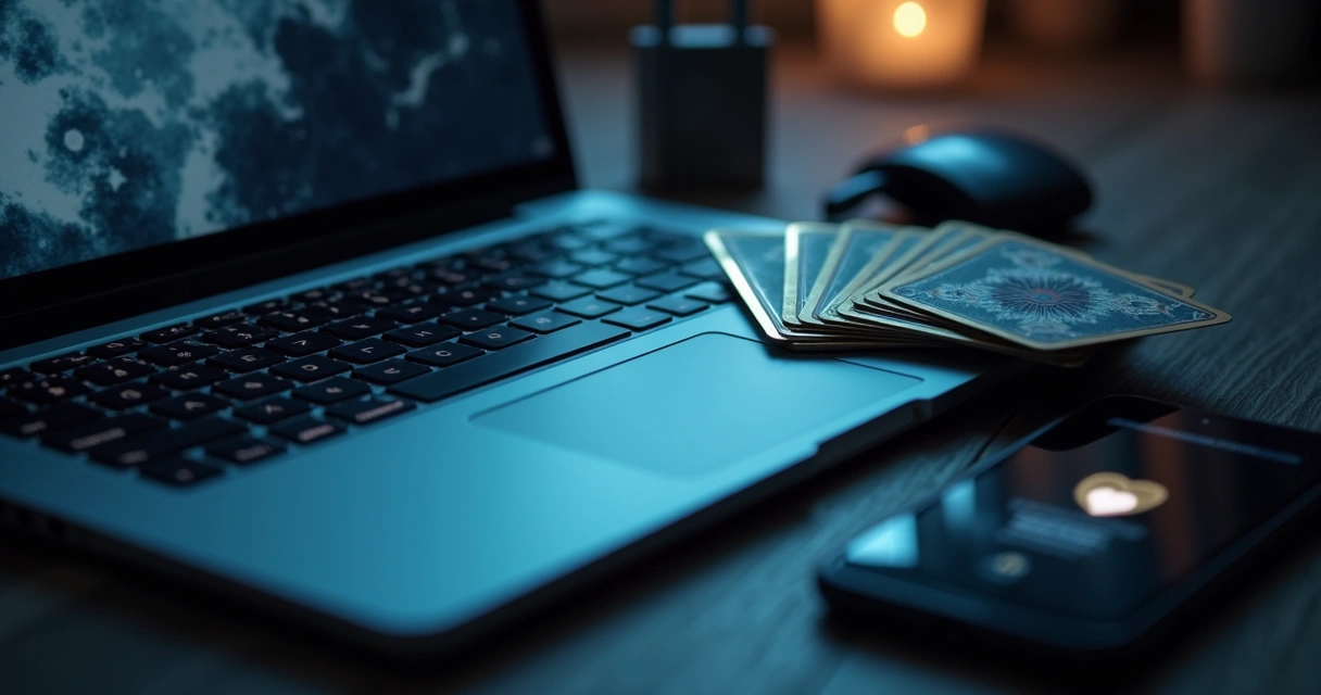Teclado iluminado com cartas de tarot e cadeado representando segurança online