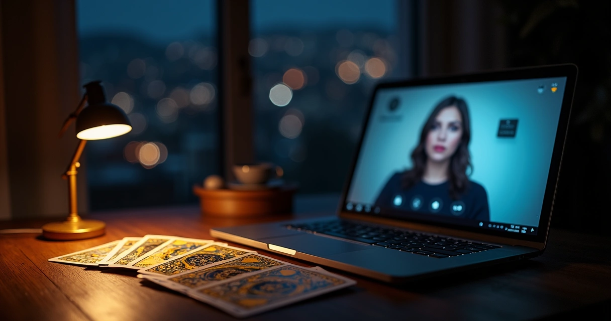 Mesa escura com cartas de tarot ao lado de notebook aberto em consulta online