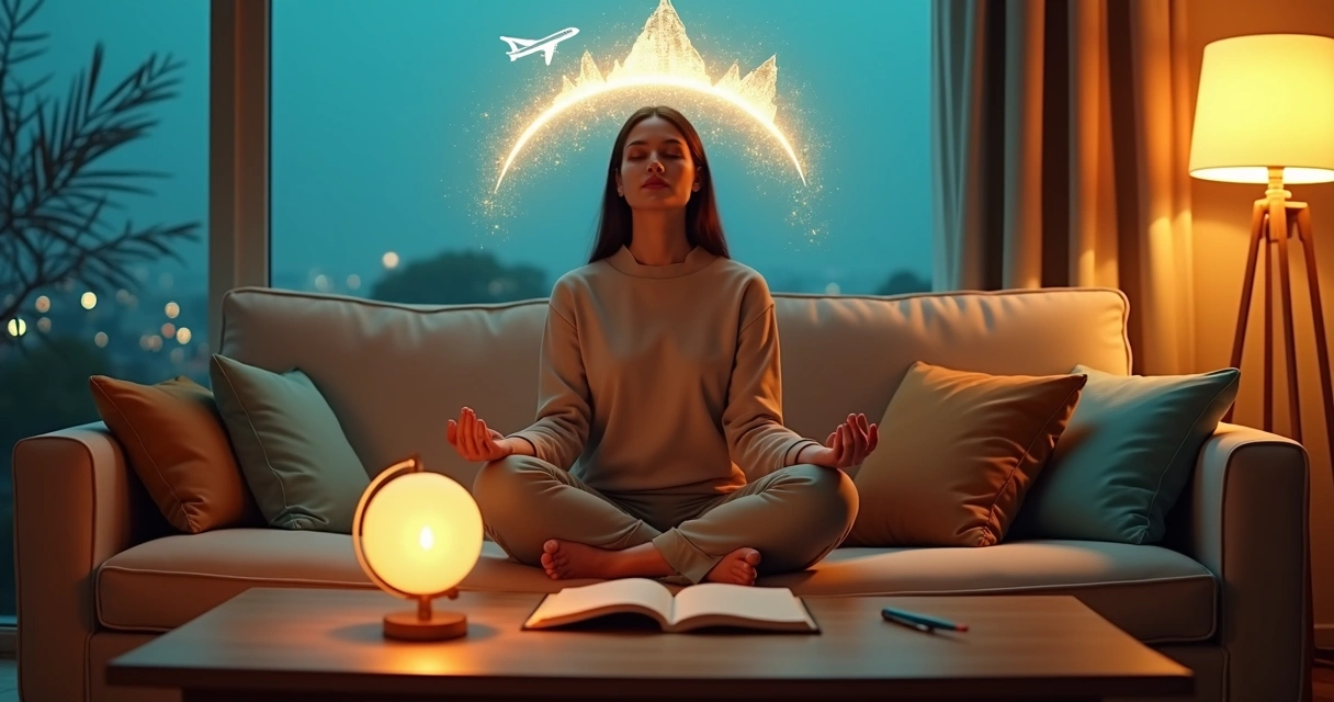 Mulher relaxando em sofá visualizando viagem com cenário de cidades surgindo em brilho