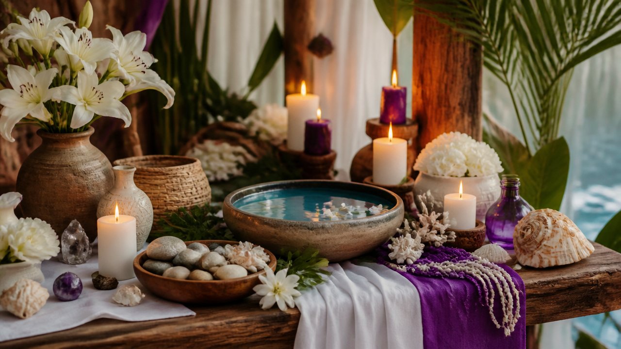 Altar espiritual simbólico com elementos da natureza associados aos orixás, como flores, velas, folhas e água.
