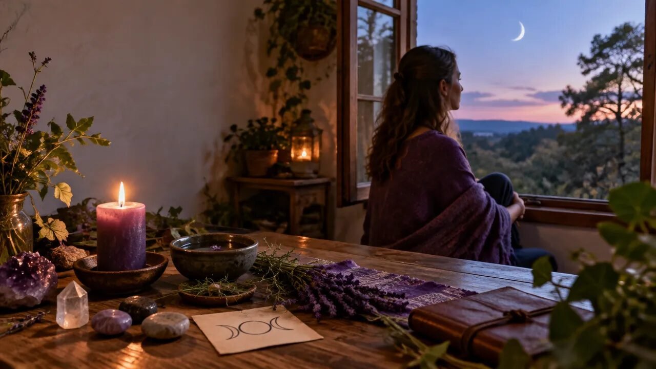 Altar natural simples com vela, folhas e símbolo lunar, representando práticas e crenças da Wicca