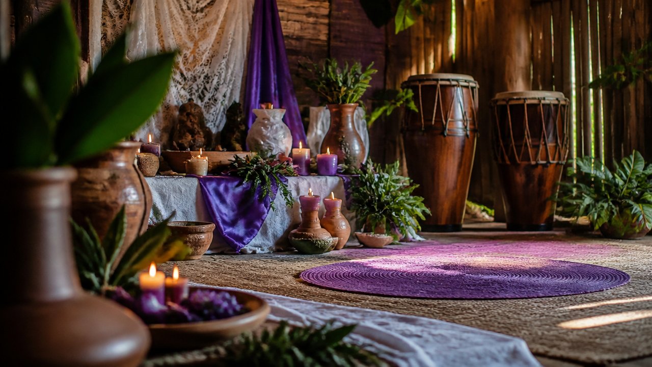 Ambiente espiritual inspirado em um terreiro afro-brasileiro com atabaques, velas e elementos naturais