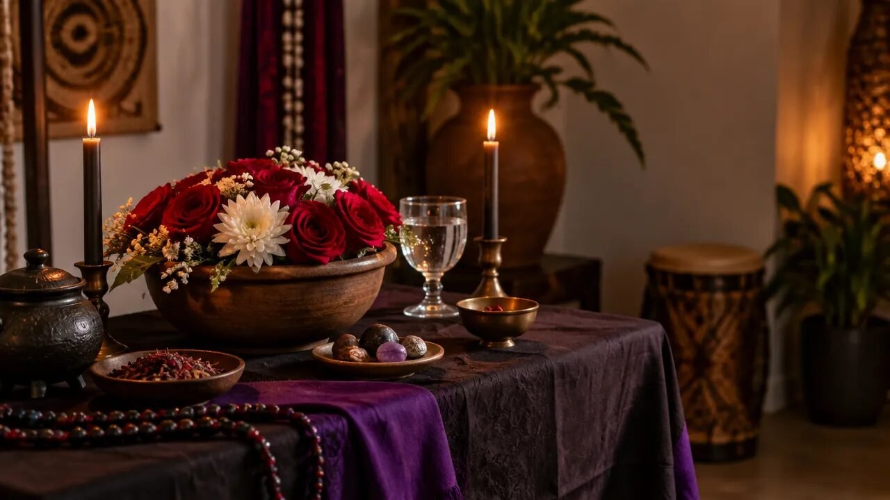 Ambiente ritualístico sereno com velas e flores em uma mesa simples, representando a Quimbanda com respeito