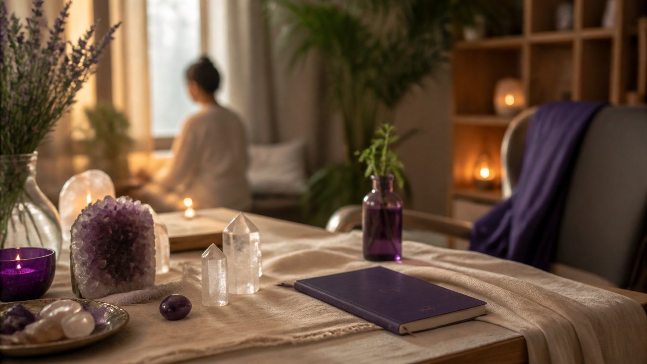 Ambiente sereno de atendimento espiritual com mesa, cristais e iluminação suave