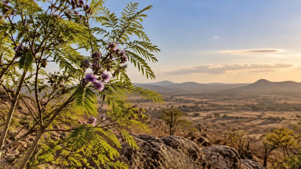Arbusto de jurema em paisagem nordestina, evocando a tradição espiritual ligada à natureza