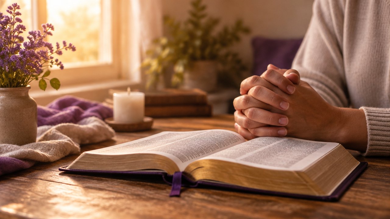 Bíblia aberta sobre uma mesa iluminada por luz suave, com mãos em oração, representando fé e proteção espiritual.