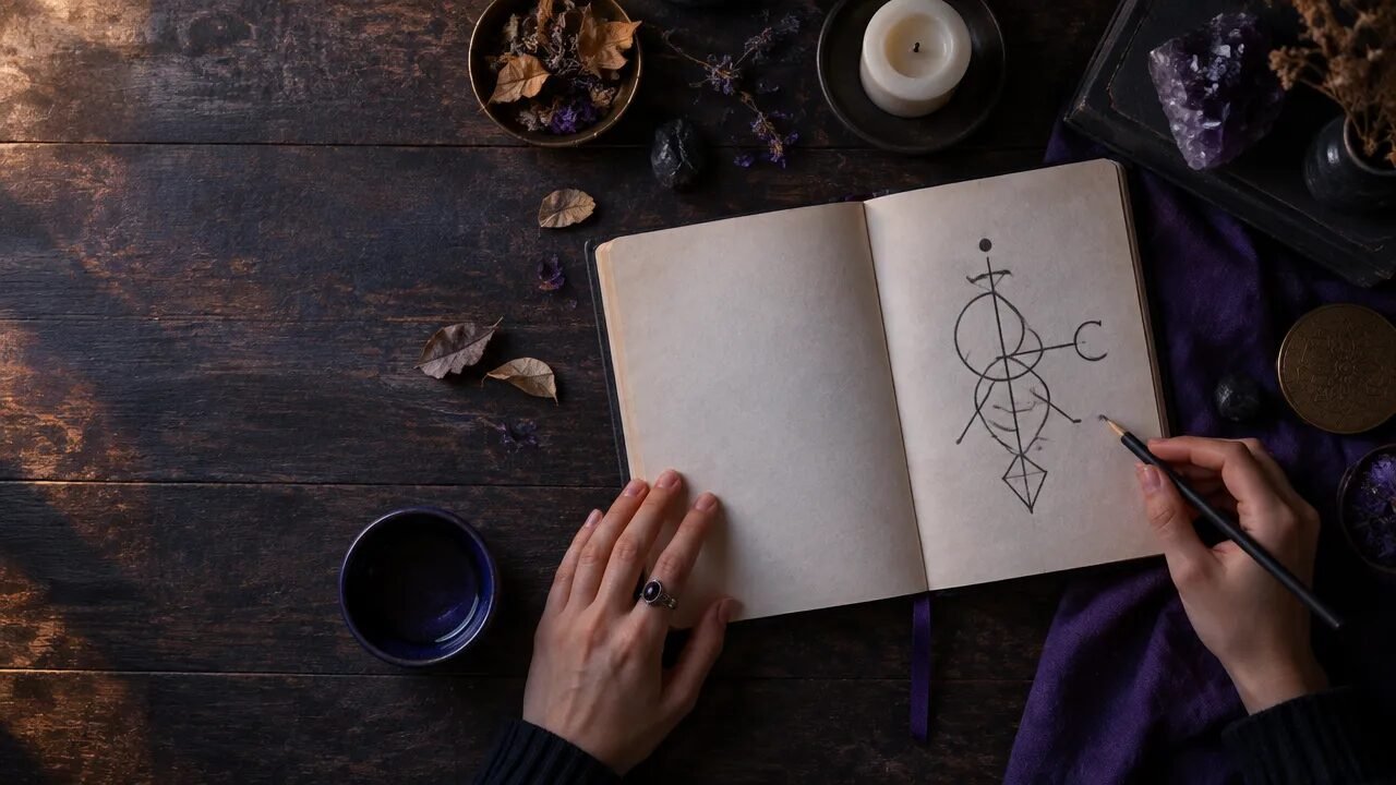 Caderno com sigilo abstrato desenhado à mão, lápis e vela sobre uma mesa, ilustrando práticas simbólicas da magia do caos.
