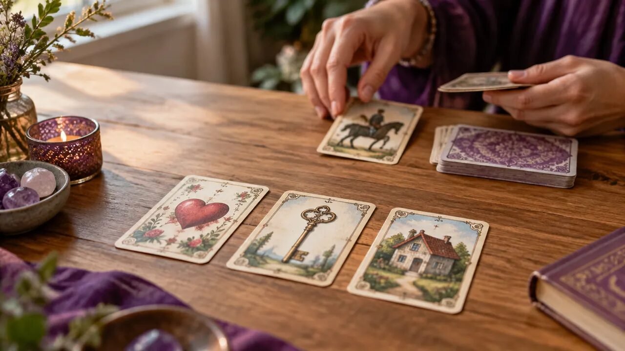 Cartas ilustradas do Baralho Cigano dispostas em uma tiragem sobre uma mesa de madeira