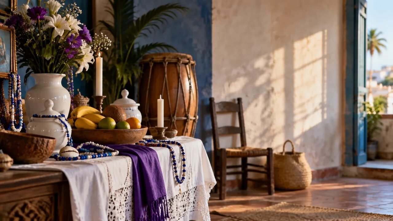 Composição respeitosa de altar simbólico com flores, frutas, tecidos e tambor, evocando a tradição religiosa afro-cubana da Santeria