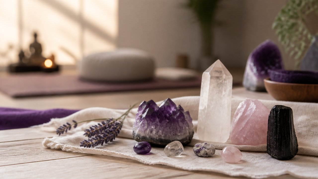 Cristais naturais organizados em um ambiente sereno de meditação, com quartzo transparente, ametista, quartzo rosa e turmalina negra