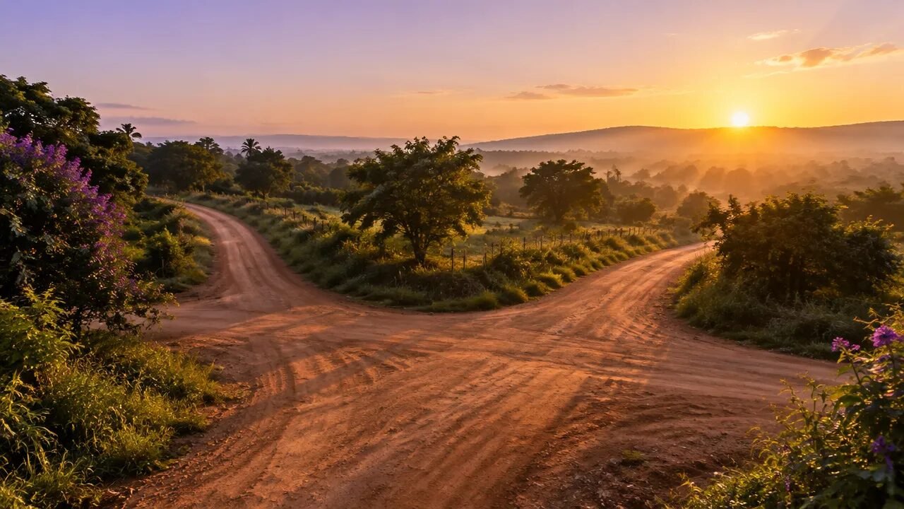 Encruzilhada de caminhos de terra iluminada pelo amanhecer, imagem simbólica sobre Exu e a comunicação nas religiões afro-brasileiras.