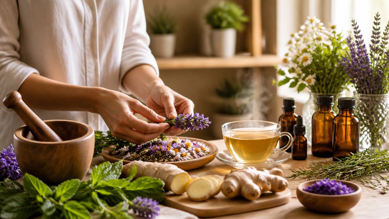 Ervas medicinais, xícara de chá e utensílios naturais em composição acolhedora sobre mesa de madeira, representando a fitoterapia e o bem-estar.