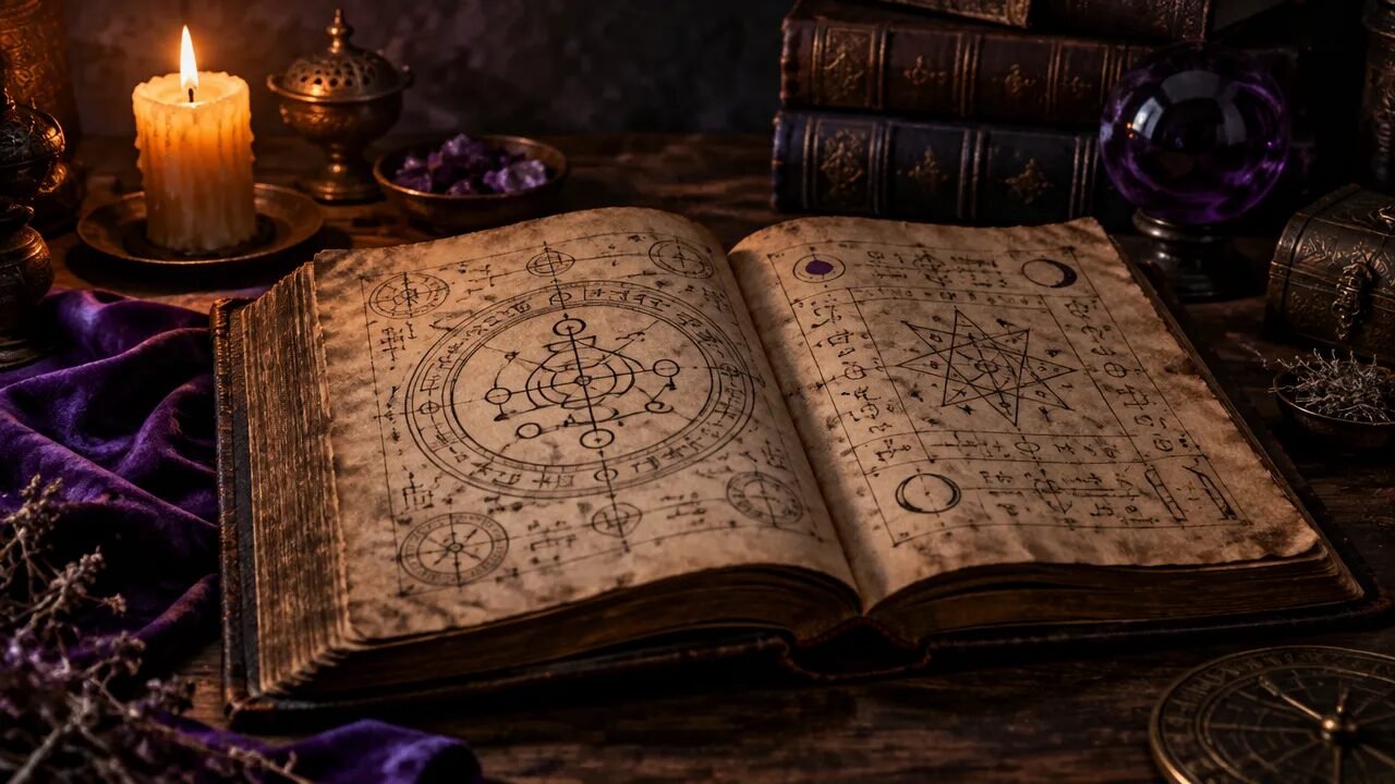 Grimório antigo aberto com diagramas simbólicos e vela acesa, evocando a tradição da Goécia