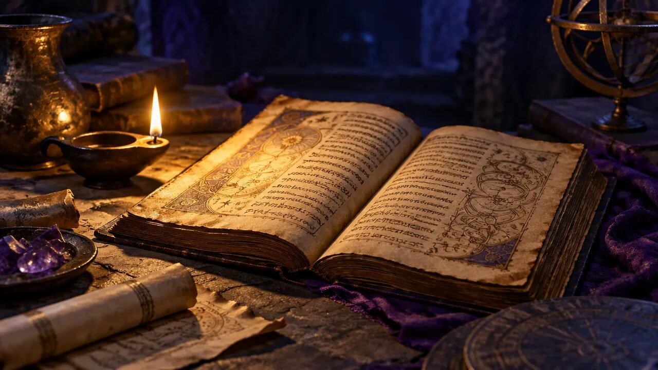 Manuscrito antigo iluminado por uma luz dourada, evocando a busca espiritual pelo conhecimento gnóstico