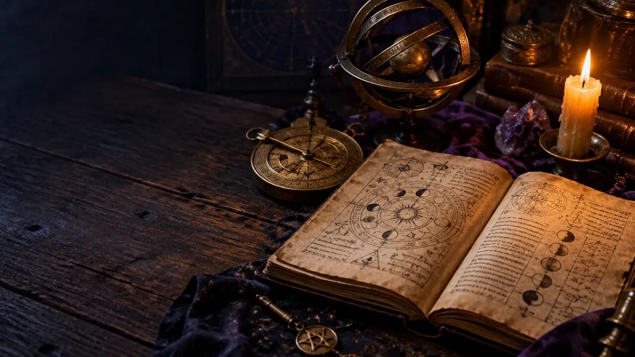 Manuscrito simbólico, astrolábio e vela sobre uma mesa, evocando o estudo do hermetismo