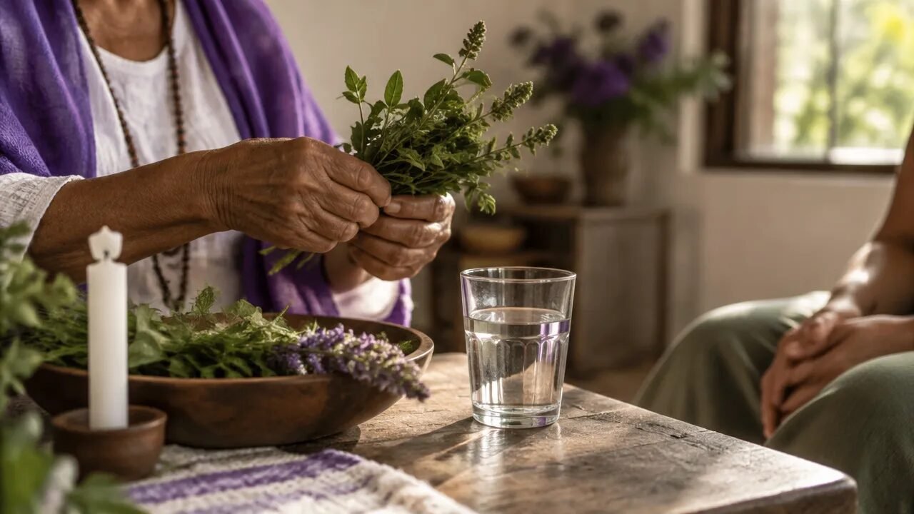 Mãos segurando um ramo de ervas durante uma prática tradicional de benzimento em ambiente acolhedor