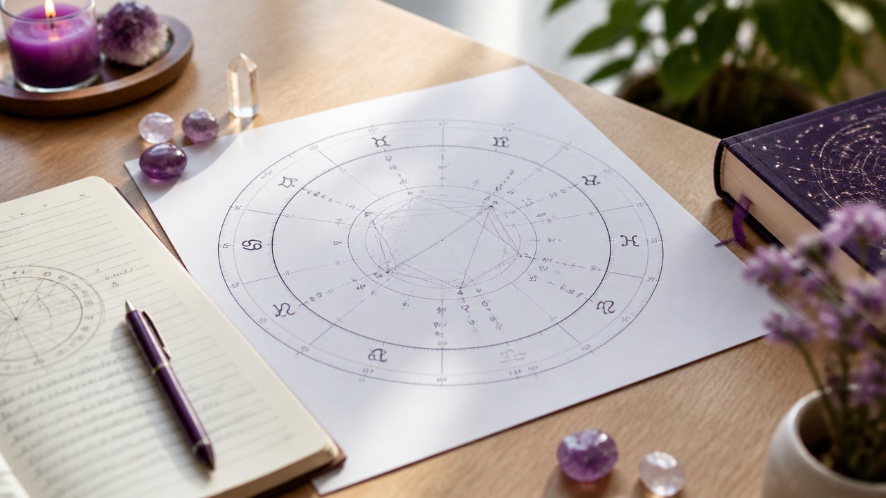 Mapa astral impresso sobre uma mesa com caderno, caneta e elementos esotéricos discretos em ambiente sereno.