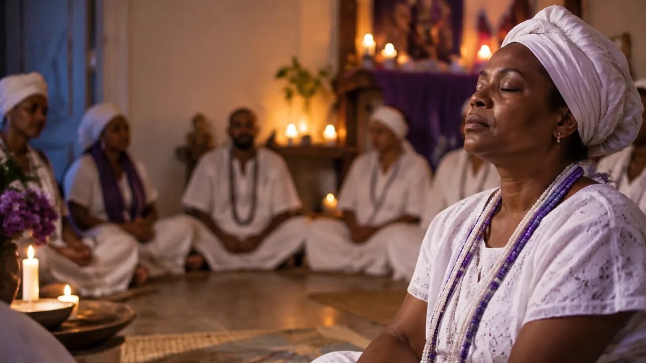 Médium em momento sereno de concentração durante uma prática espiritual em grupo