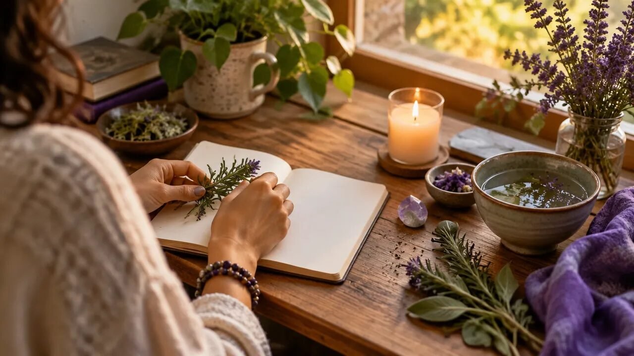 Mesa com caderno, ervas, vela e pedra em uma prática espiritual contemporânea