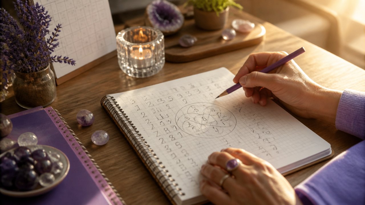 Mesa com caderno, números e elementos discretos de espiritualidade representando a numerologia