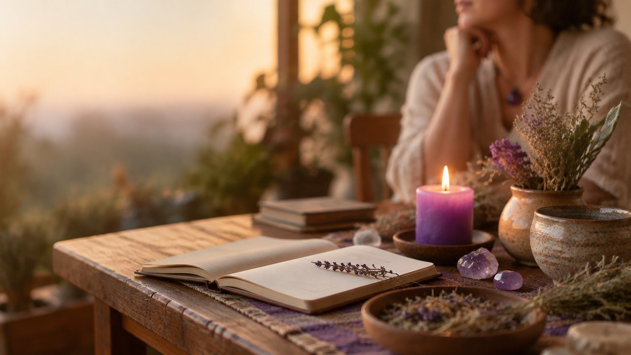 Mesa com caderno, vela, ervas e cristais em uma cena serena sobre fundamentos e tradições da magia