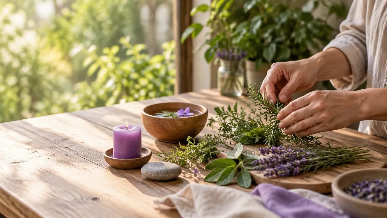 Mesa com ervas, tigela de água, pedra e vela apagada junto a uma janela de jardim