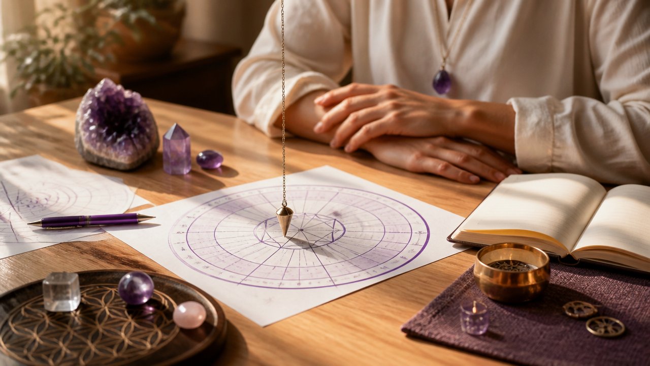 Mesa com gráficos radiônicos, pêndulo e cristais em ambiente espiritual acolhedor