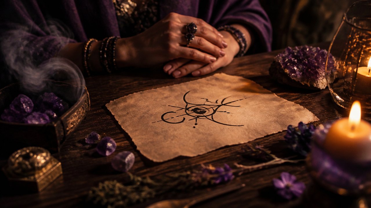 Mesa com sigilo desenhado em papel, cristais e vela em ambiente espiritual acolhedor