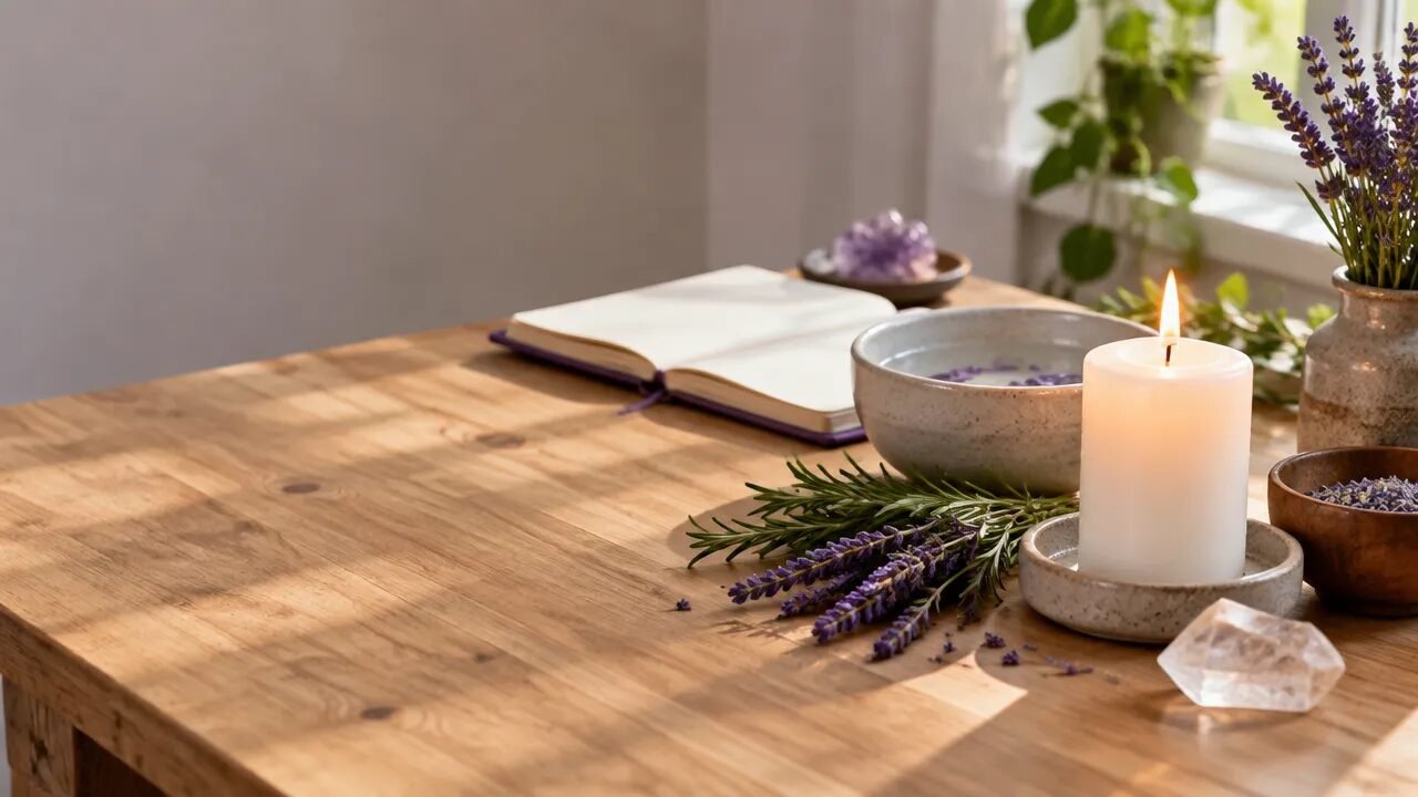 Mesa contemplativa com vela branca, ervas, água e caderno para representar os princípios da magia branca
